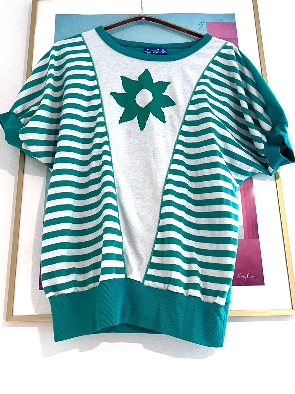 Fire Islander Vintage 90s Green White Striped Flower Patch Blouse M